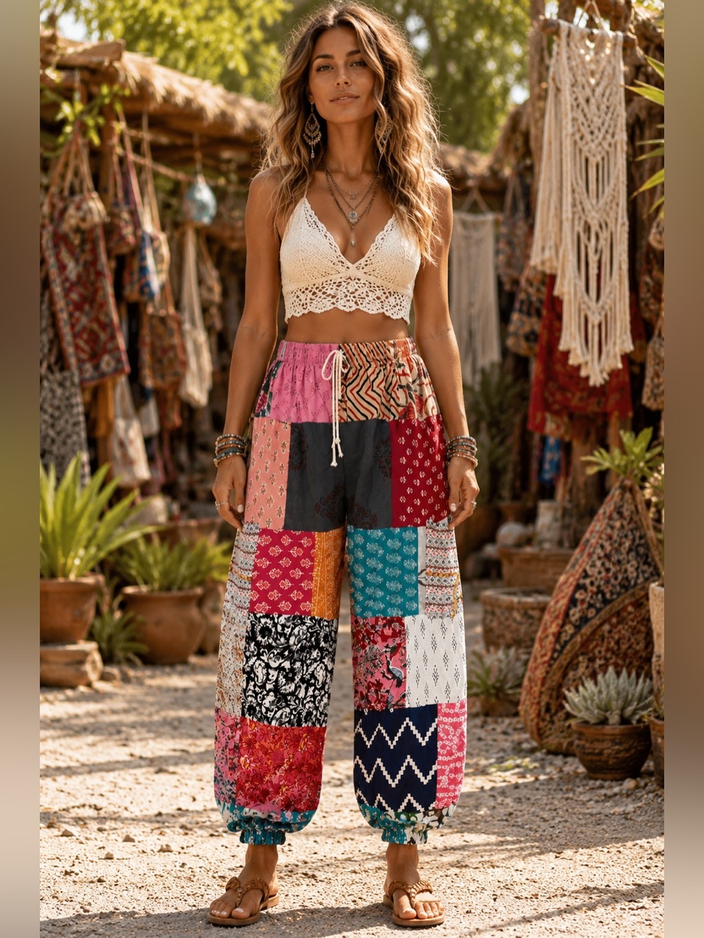 Boho Patchwork Harem Pants One Size 100% Viscose Festival Hippie India Pockets